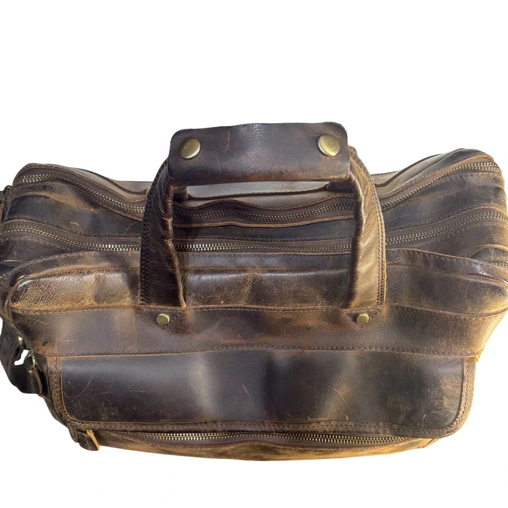 Vintage Leather Crossbody Commuter Bag Briefcase Brown Distressed Mens Large